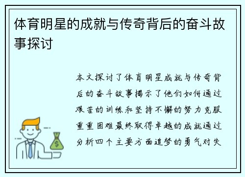 体育明星的成就与传奇背后的奋斗故事探讨